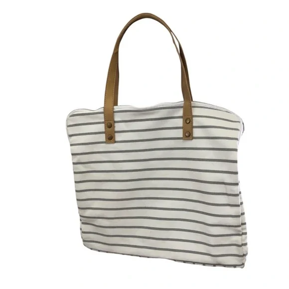 NWT Cozy Earth Striped Tote with White/Tan leather faux Handles Shoulder Bag - Picture 7 of 9